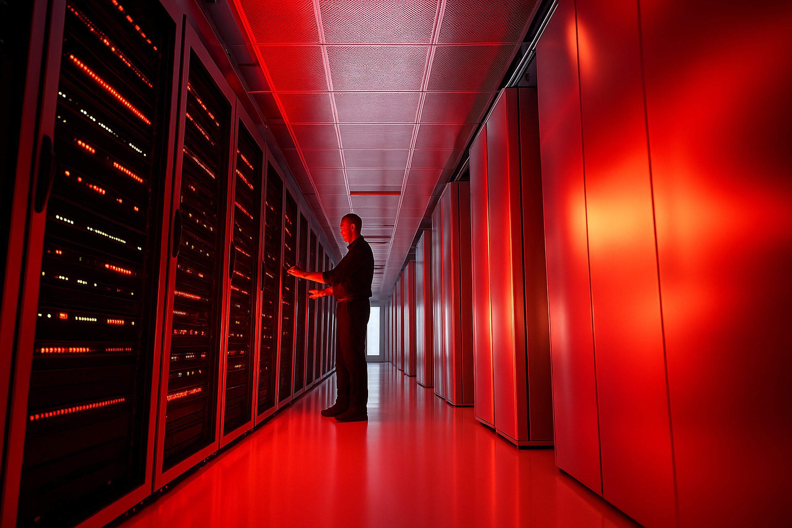 Worker inspecting server rack